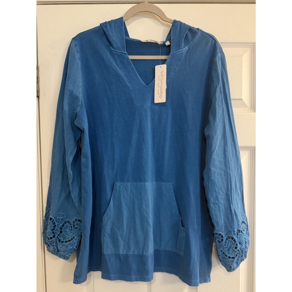 Soft Surroundings NWT Retreat Hoodie Tunic Sz‎ LG Fjord Blue Eyelet Cuff Comfy